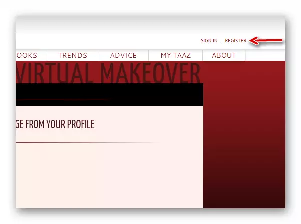 Overgang naar het registratieformulier van het account in virtuele make-over Taaz