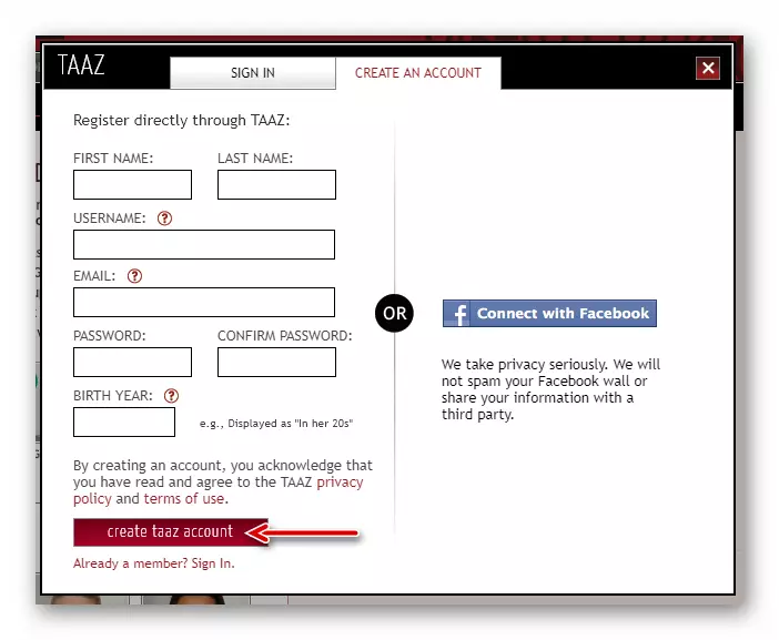 Konto registreringsformular i onlinetjenesten TAAZ Virtual Makeover