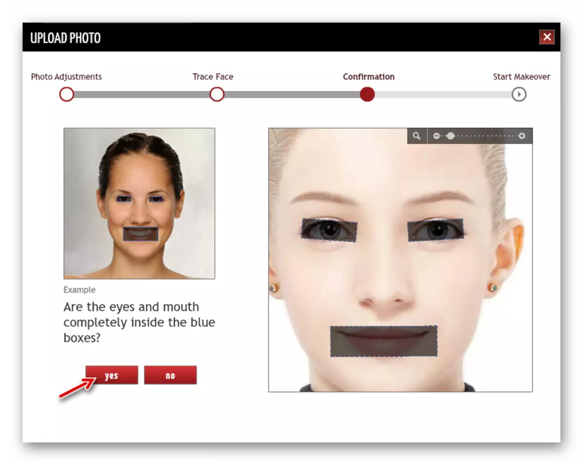 Indstilling af placeringen af ​​nøgleelementer på billedet i onlinetjenesten TAAZ Virtual Makeover