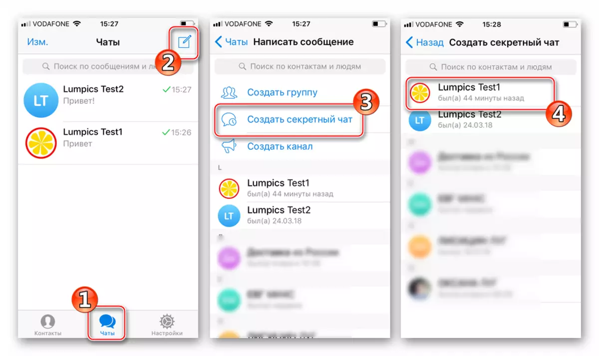 Telegram para iOS creando un chat secreto desde a partición de chat