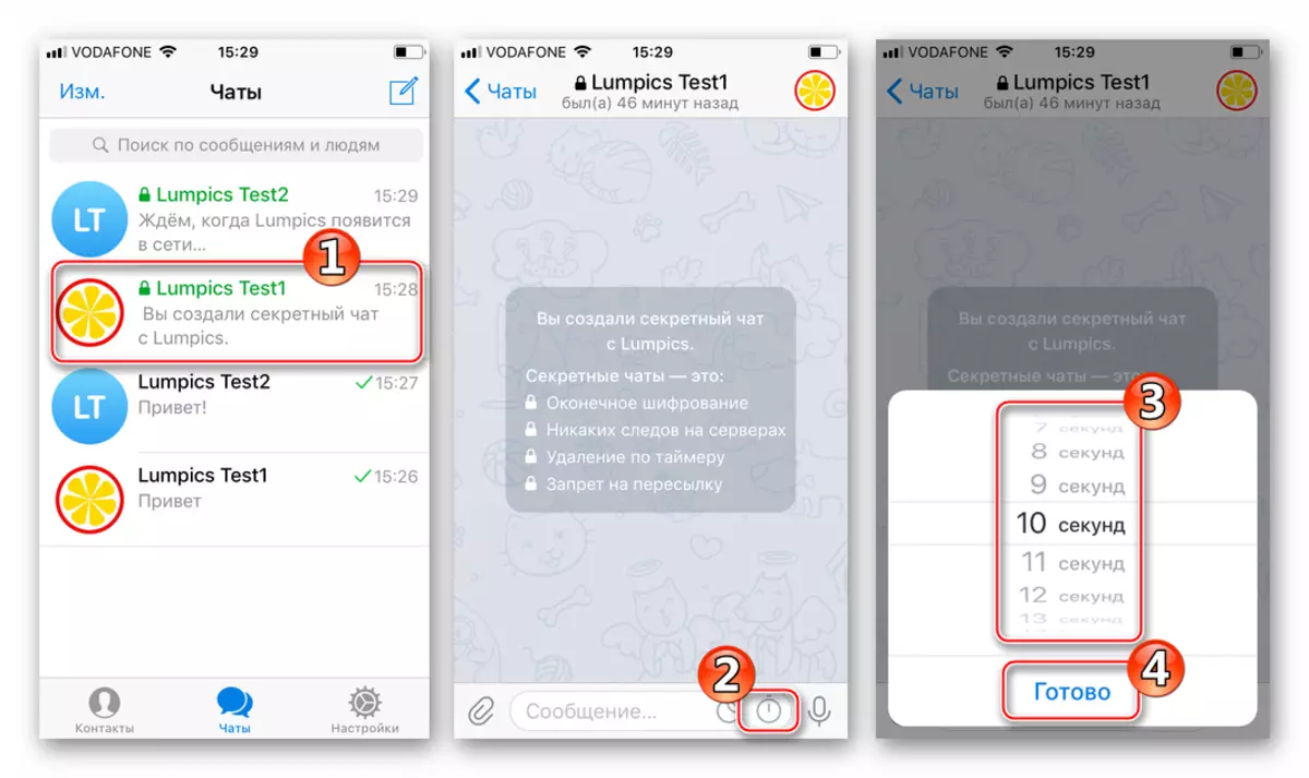 Telegram para iOS Secret Chat Management Timer Destruction Mensaxes