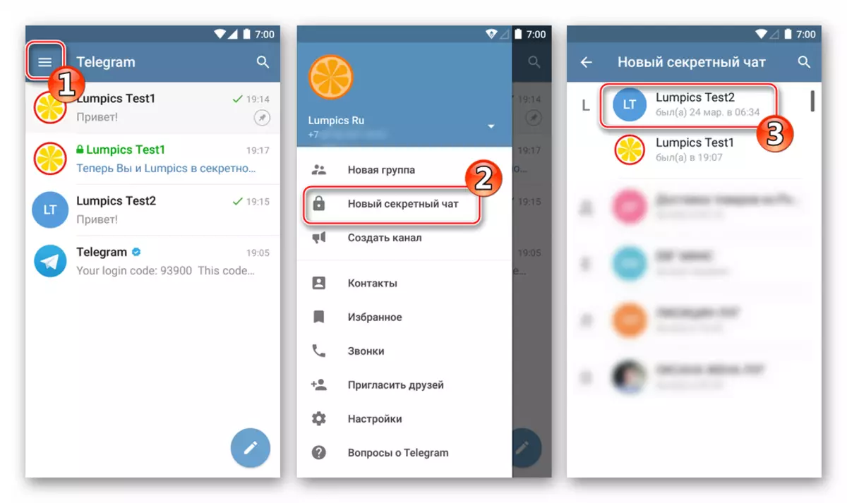Telegram for Android ag cruthú comhrá rúnda ón Mensenger Menu