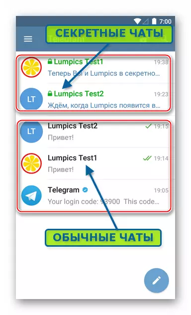 Telegram til Android Konventionelle og hemmelige chats på skærmen med liste over dialoger