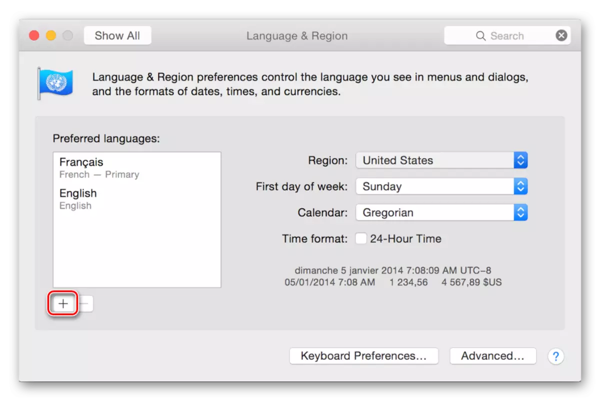 Mac OS дээрх хэл, бүсийн хэсэгт шинэ хэл дээрх шинэ товчлуур нэмнэ үү