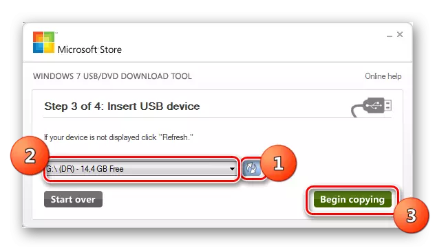 Selecting a flash drive and start copying in the Windows Utility 7 USB DVD DOWNLOAD TOOL window