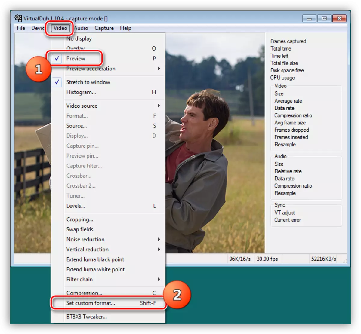 Accesați configurarea formularului video de ieșire în VirtualDub