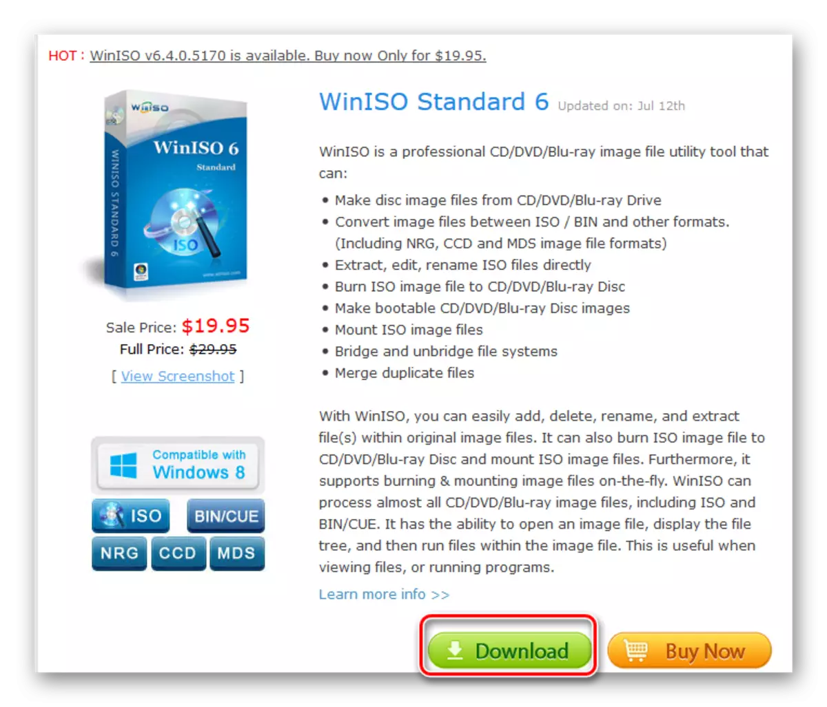 הורדת תוכנית WinISO מהאתר הרשמי של היצרן