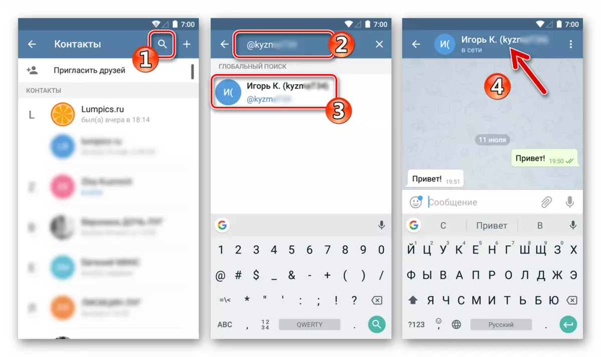 Telegram per Android cerca persone per nome utente @Username