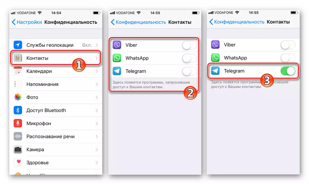 Telegram per l'attivazione dell'iPh iPhone di accesso ai contatti in Impostazioni IOS