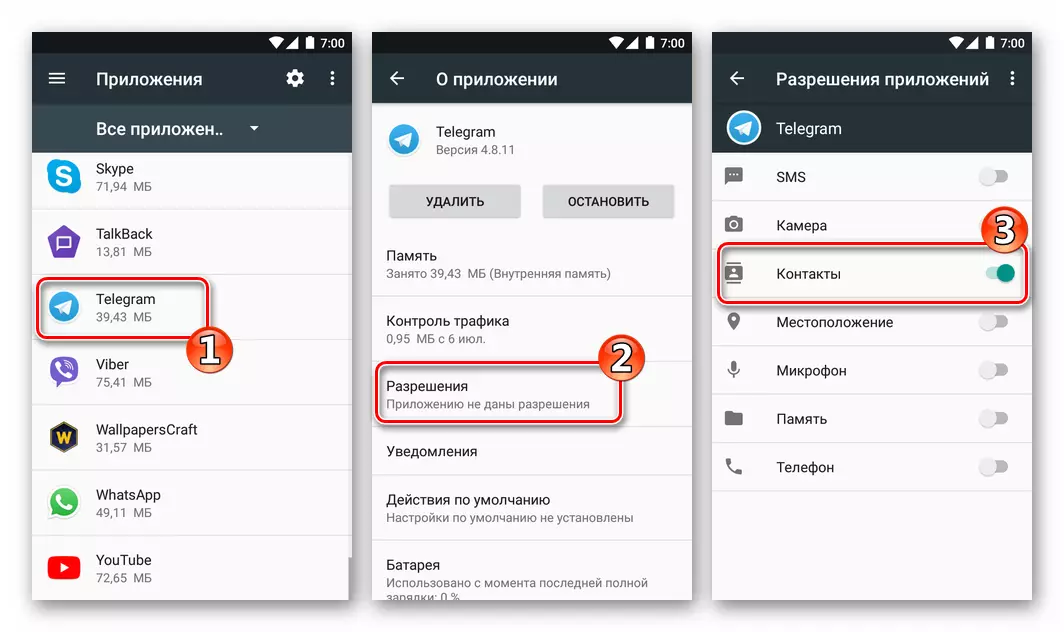 Telegram для Android Прыкладанні - Дазволу - Актывацыя Кантакты для сінхранізацыі