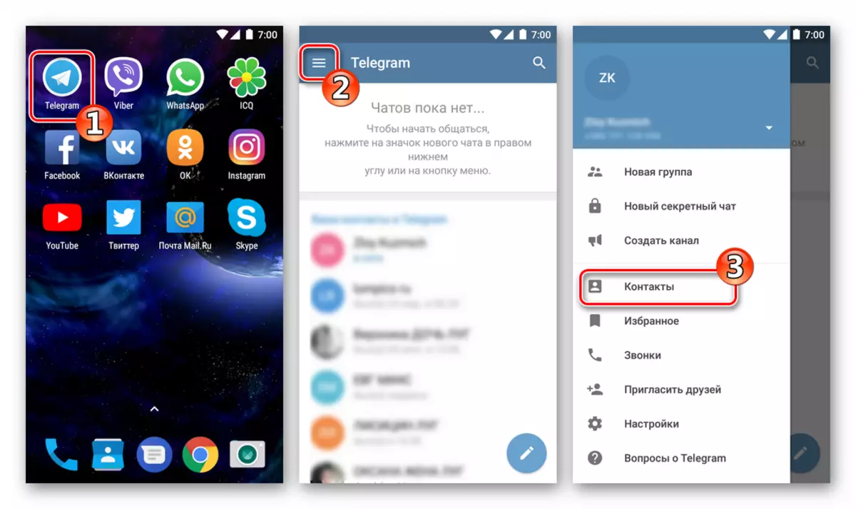 Telegram för Android Main Menu - Kontakter