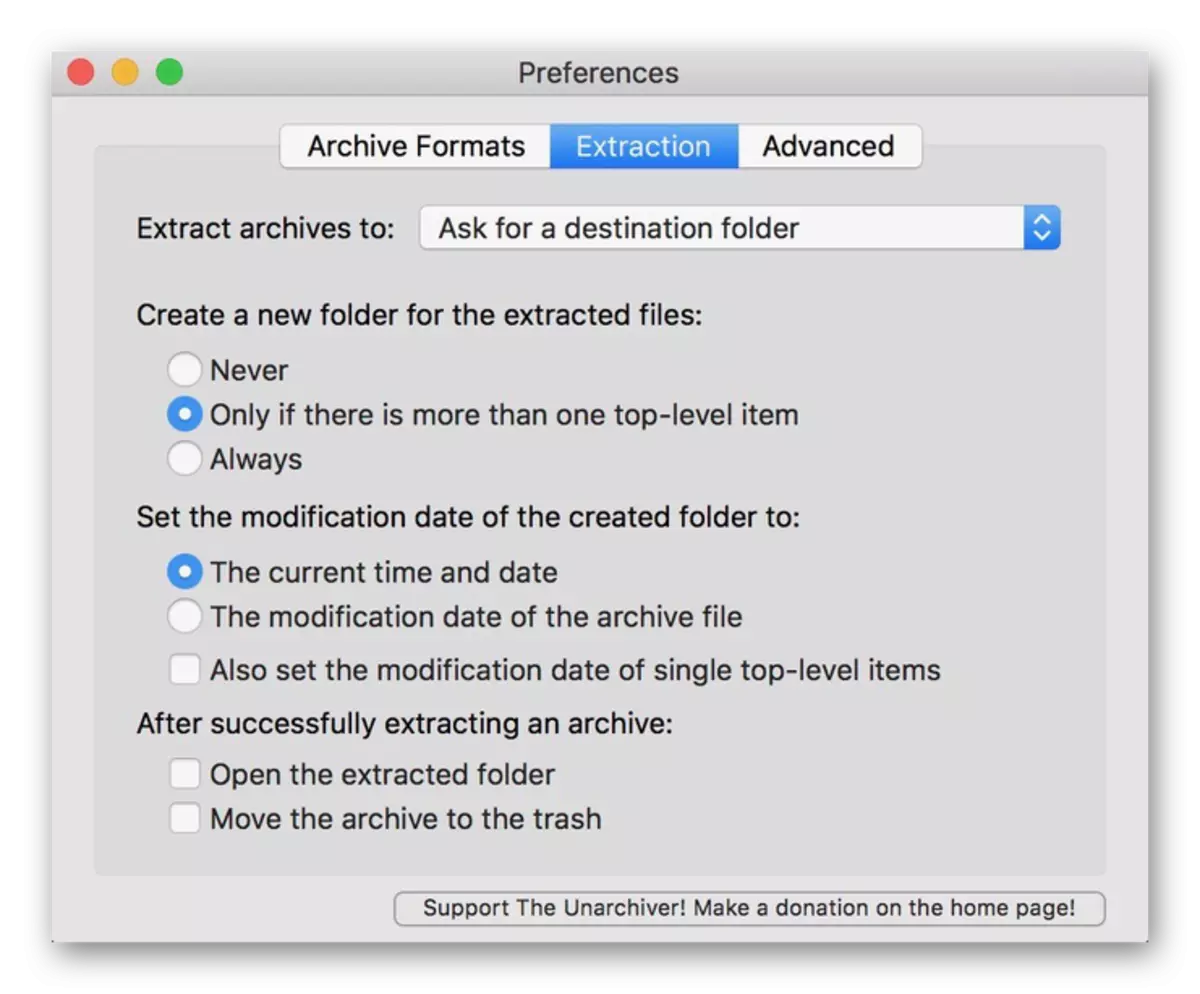 Параметры архіватара The Unarchiver для macOS