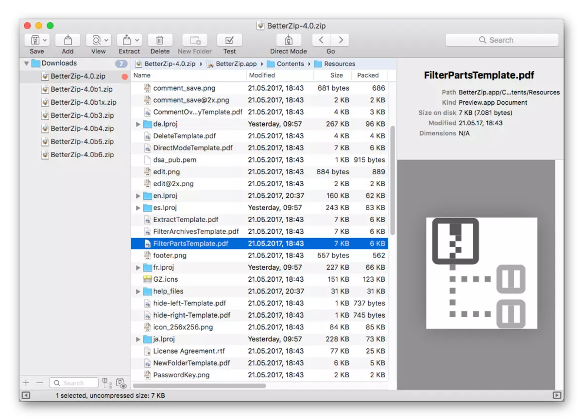 MacOS Betterzip Archiver Interfeýsinde