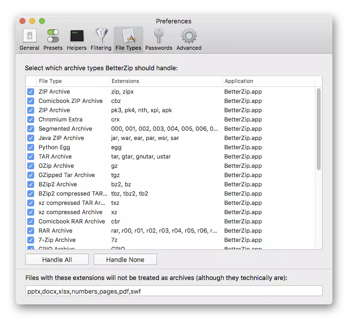 Settings of the Doarzit Archiver Archiver ho an'i Macos