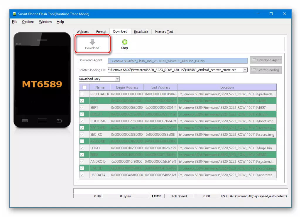 Lenovo S820 SP Flash Tool Start Firmware In Download Only