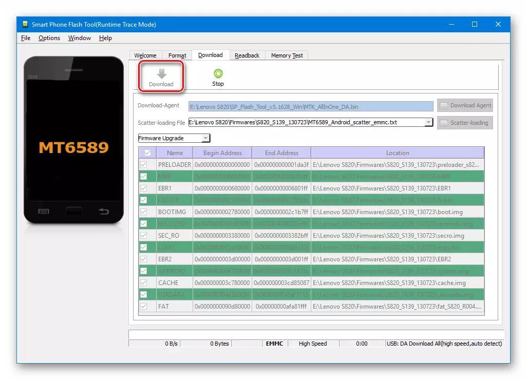 Lenovo S820 SP Flash Tool Device Connection-modus voor firmware