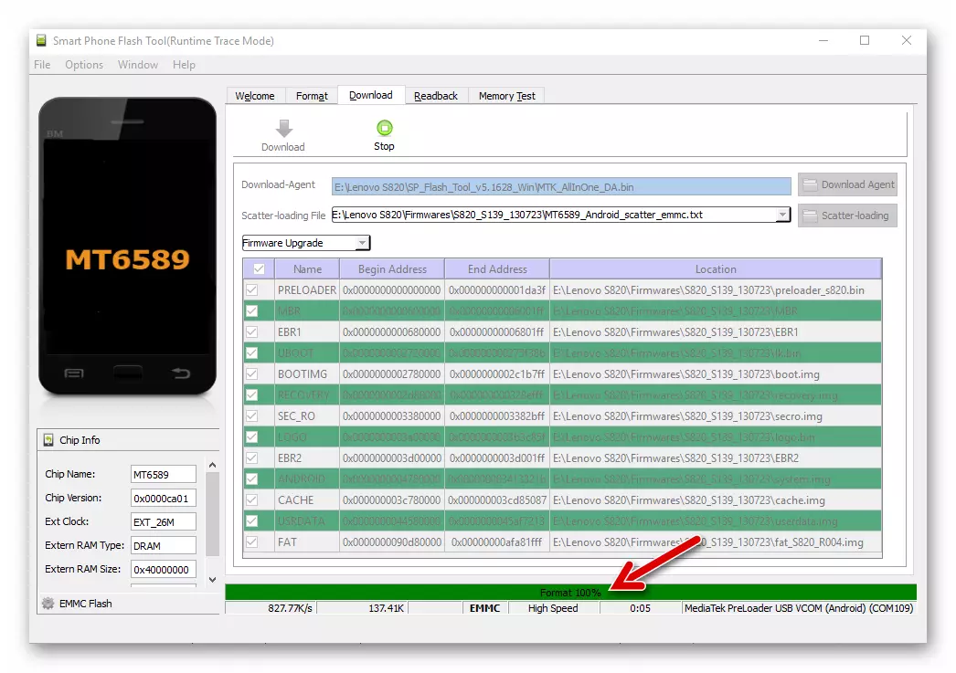 Lenovo S820 SP Flash Tool Formatting Proseso bago firmware sa mode ng pag-upgrade ng firmware