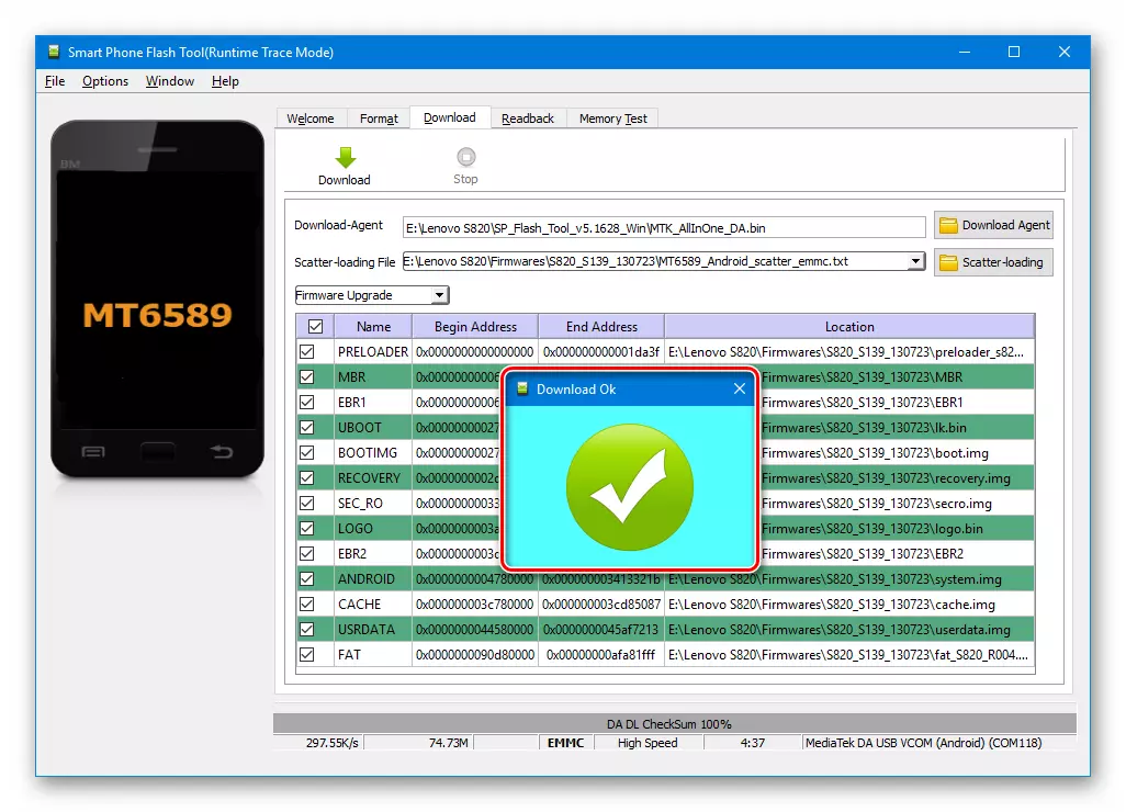 Lenovo S820 SP Flash Tool Firmware Firmware Upgrade completed