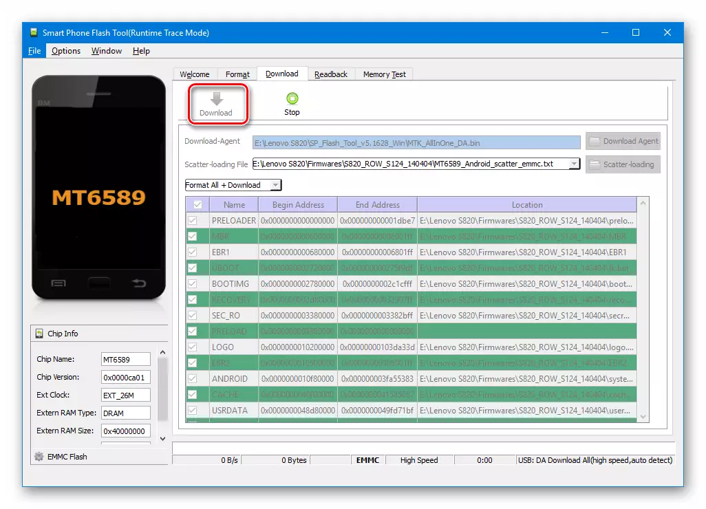 Lenovo S820 SP Flash Tool Download-knappen før du kobler til enheten for gjenoppretting