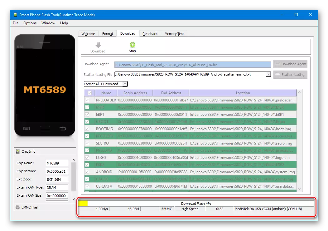 Lenovo S820 SP Flash Alat Proces nazdravljajući kroz trenutku testa