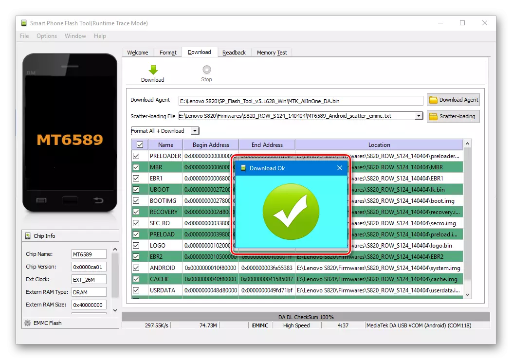 Lenovo S820 SP Flash Restaurarea instrumentului prin punctul de testare finalizat