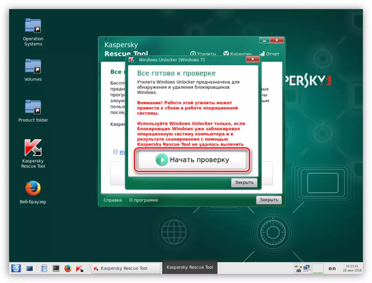 Correndo verificação do sistema usando o utilitário Windows Unlocker no disco Kaspersky Rescue Disk
