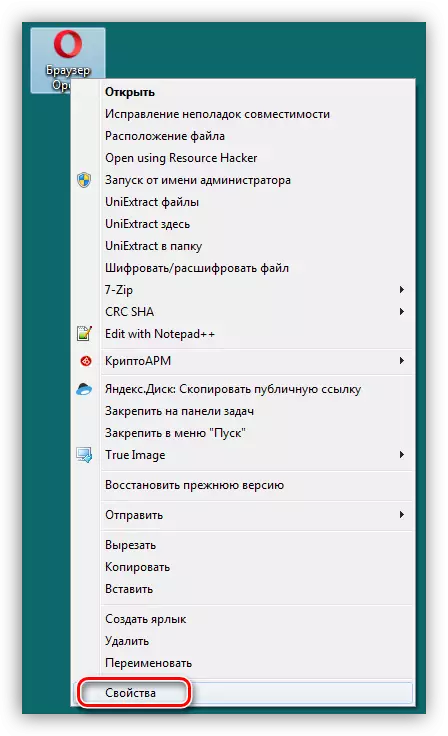 Transisi menyang sifat-sifat Opera label browser ing Windows 7