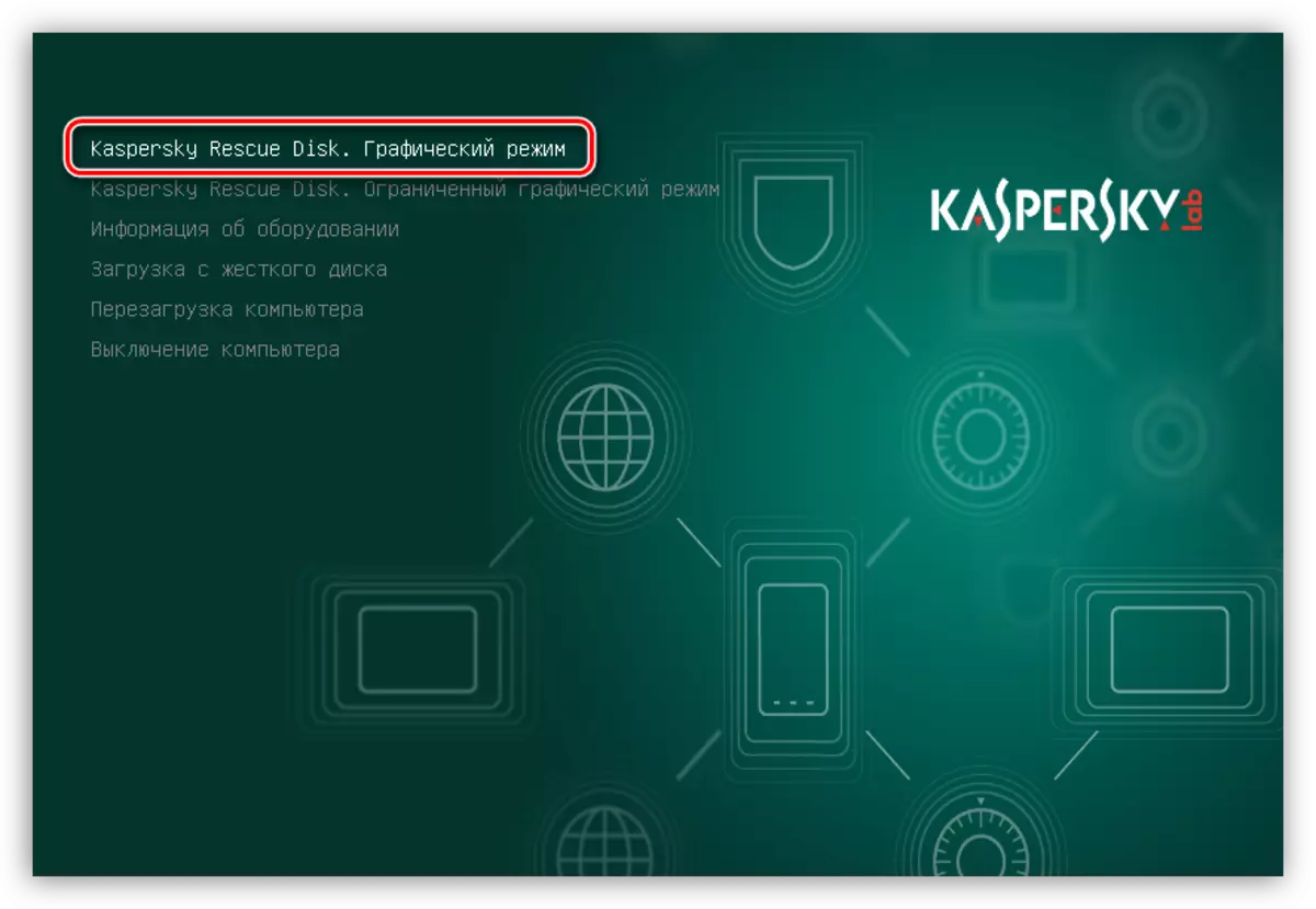 Ўключэнне графічнага рэжыму пры загрузцы кампутара з дапамогай Kaspersky Rescue Disk