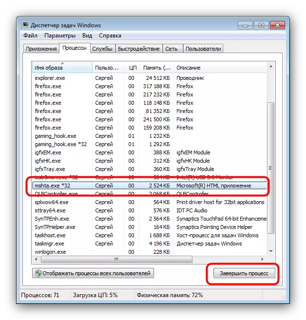 Windows Task Manager mshta.exe prosesi başa