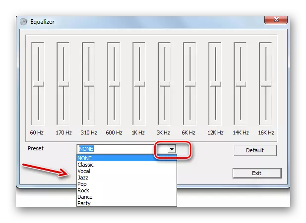 Memilih arah musik dari daftar drop-down dalam equalizer kartu suara di Windows 7