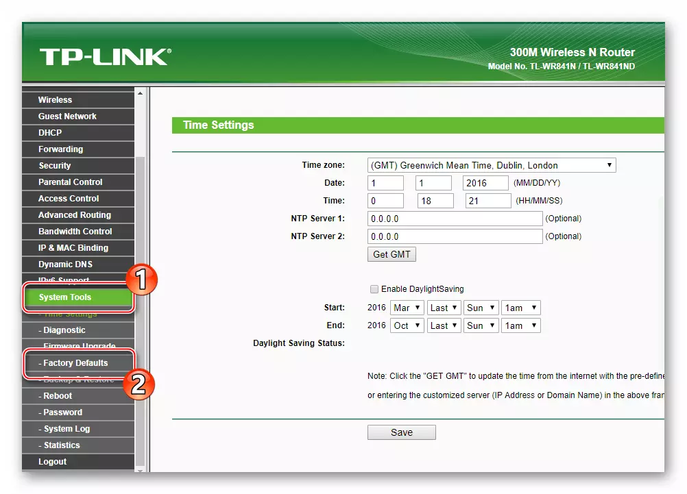 TP-LINK TL-WR841N Nastavitve ponastavitve iz spletnega vmesnika Orodja Orodja - tovarniško privzete vrednosti