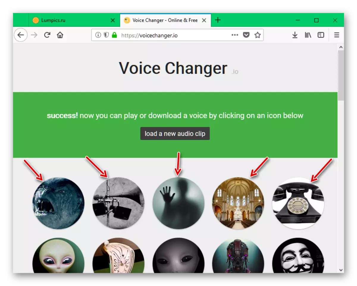 Pagpili ng epekto ng conversion ng boses sa voiceChanger.io.