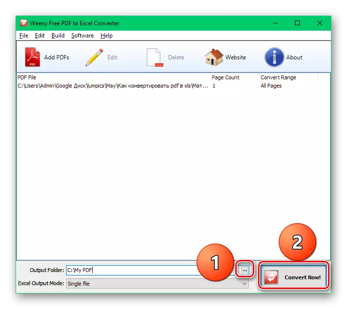 Pilih dalan lan simpen file ing program PDF gratis kanggo Program Konverter Excel