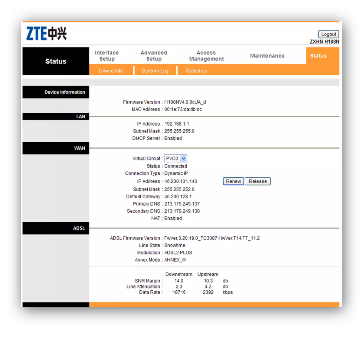 Web interfazearen menu nagusia Zxhn H108N v2.5