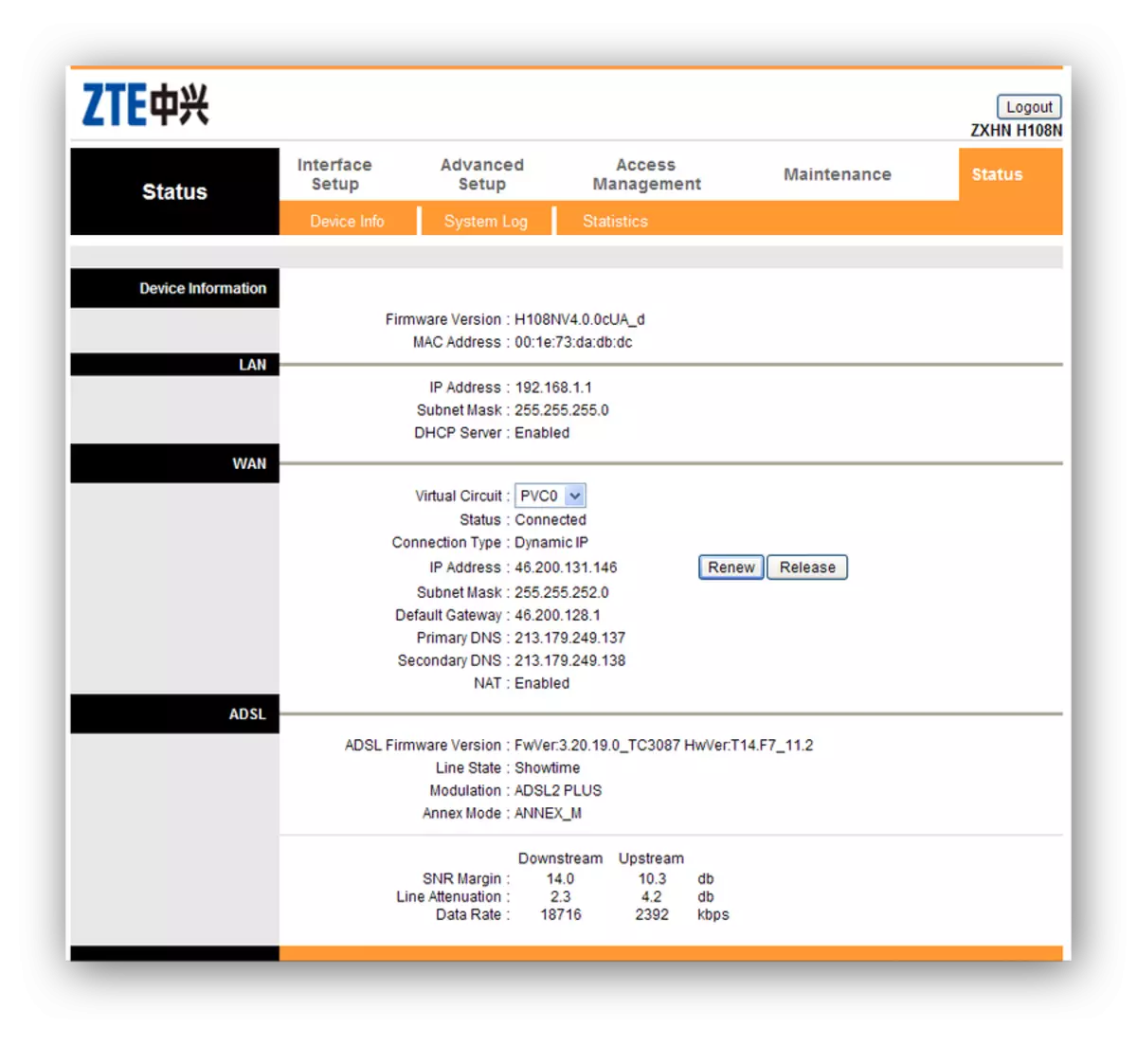 Hoof spyskaart van die web interface modem ZXHN H108N V2.5