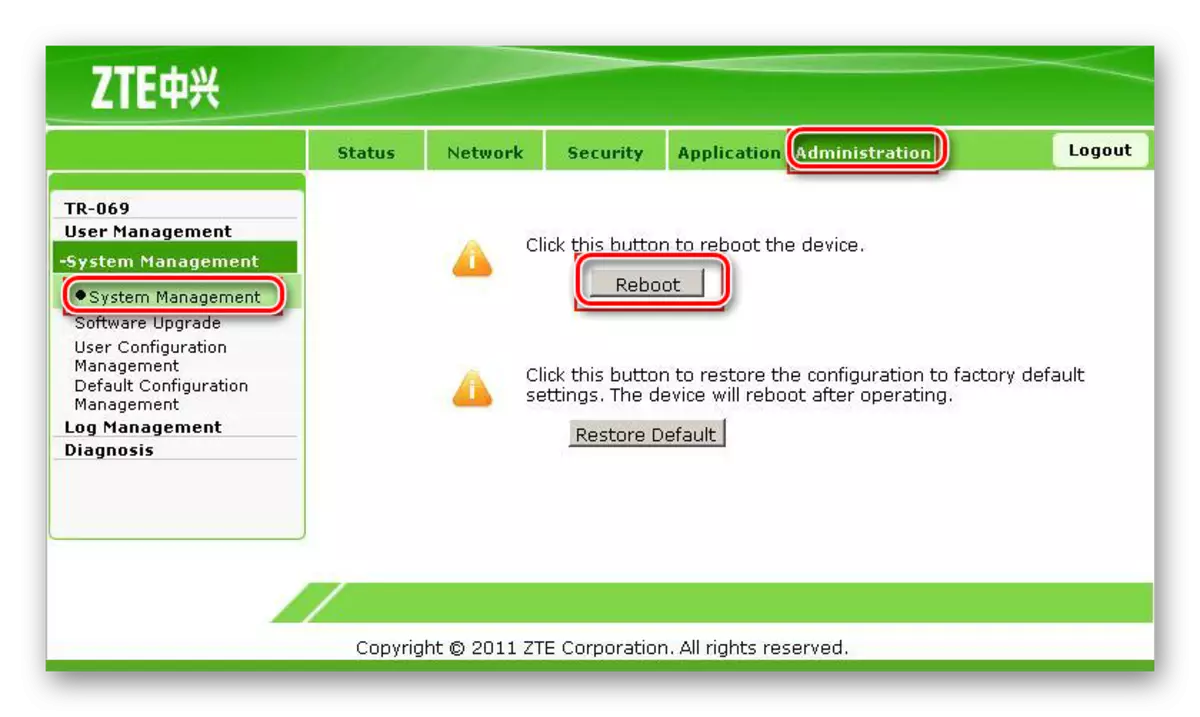 I-restart ang modem zte_zxv10_h108l.