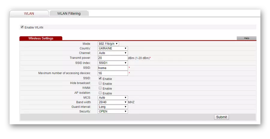 Wireless Settings bladsy in Huawei Modem