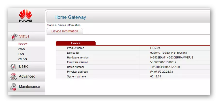 Menyu yayikulu ya Huawei Hg532E Web Interface