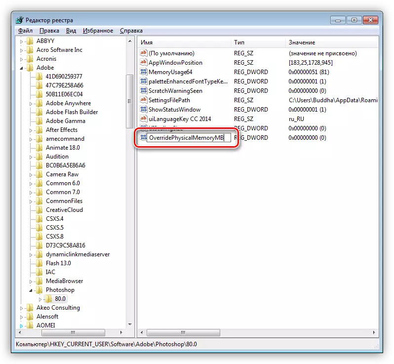 Den Numm vum Schlëssel fir Photoshop am Windows 7 Registry zougewisen
