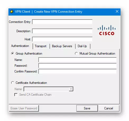 Cisco VPN forbindelsesindstillinger vindue