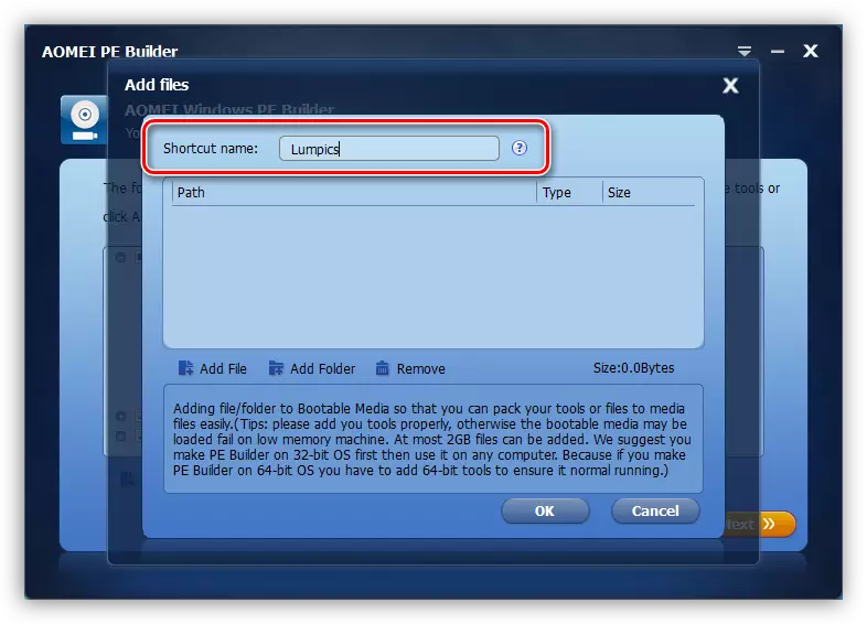 Menetapkan nama folder dengan aplikasi pengguna di Aomei PE Builder