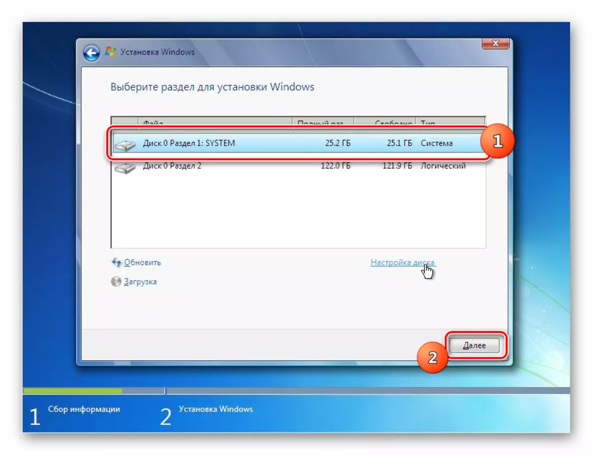 Het starten van de installatie van het besturingssysteem in het venster Windows 7 Installatieschijf
