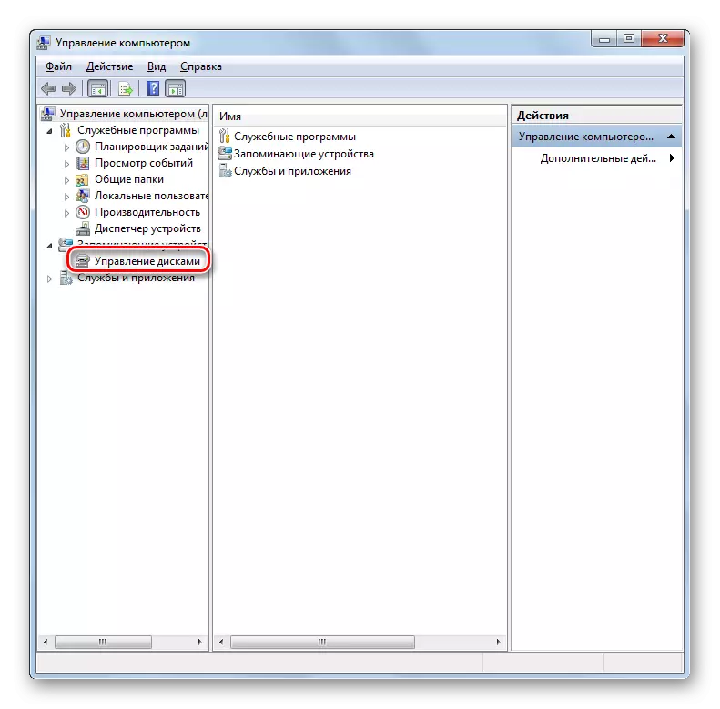 Patakbuhin ang paglipat sa seksyon ng pamamahala ng disk sa window ng Pamamahala ng Computer Management sa Windows 7