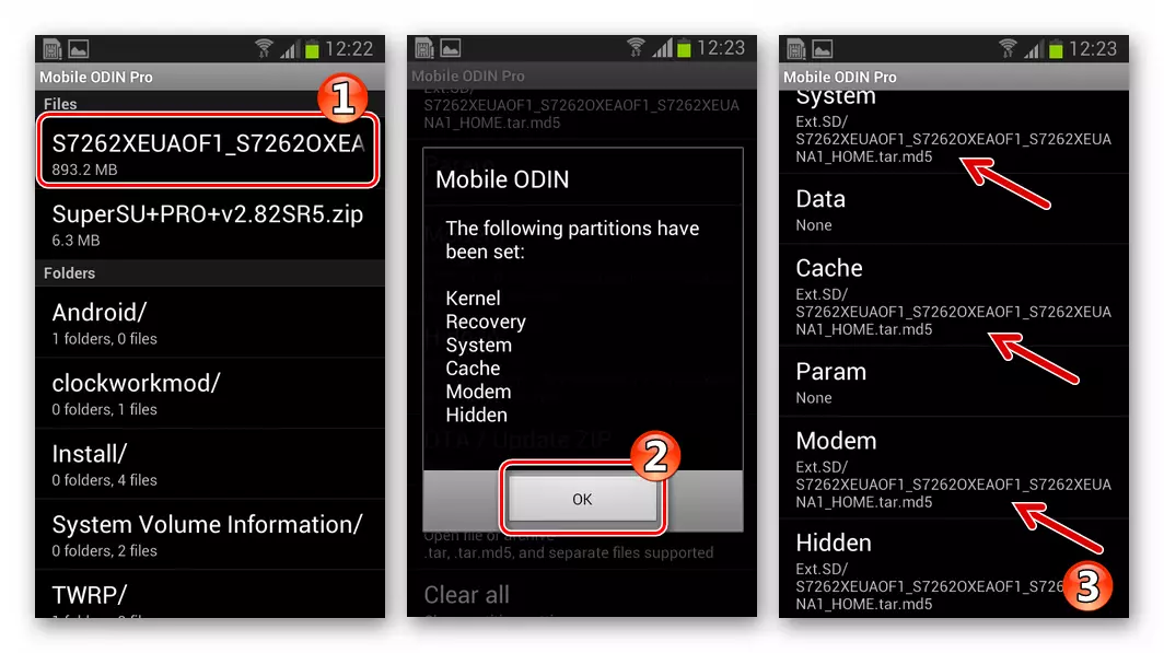 サムスンギャラクシースタープラスGT-S7262 MobileODINファームウェアファイルの選択、確認
