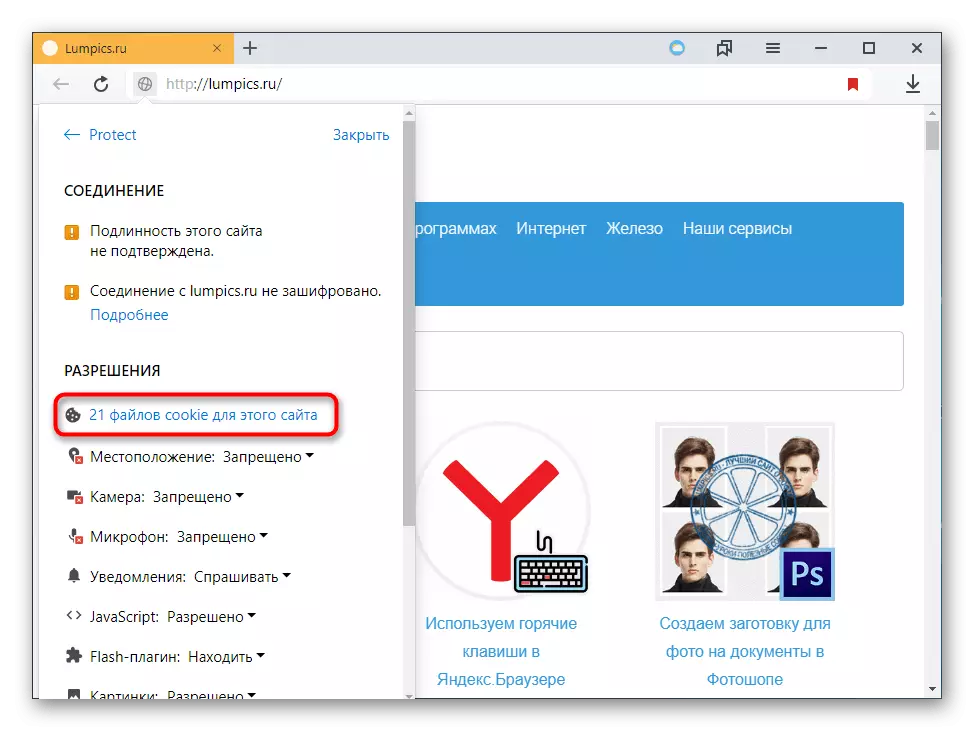 מספר עוגיות שנשמרו מאתר אחד ב- Yandex.Browser