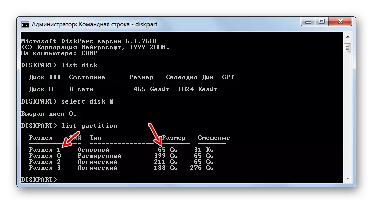 Windows 7-дегі пәрмен жолындағы DiskPart қызметтік интерфейсіндегі ДК жүйесінің бөлімі
