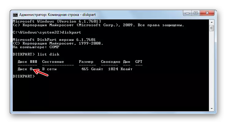 विंडोज 7 में कमांड प्रॉम्प्ट पर डिस्कपार्ट उपयोगिता के माध्यम से प्रदर्शित हार्ड ड्राइव की सूची