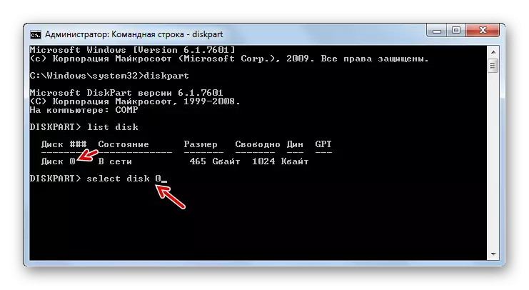Windows 7のコマンドラインでDiskPartユーティリティを介してハードディスクを選択します。