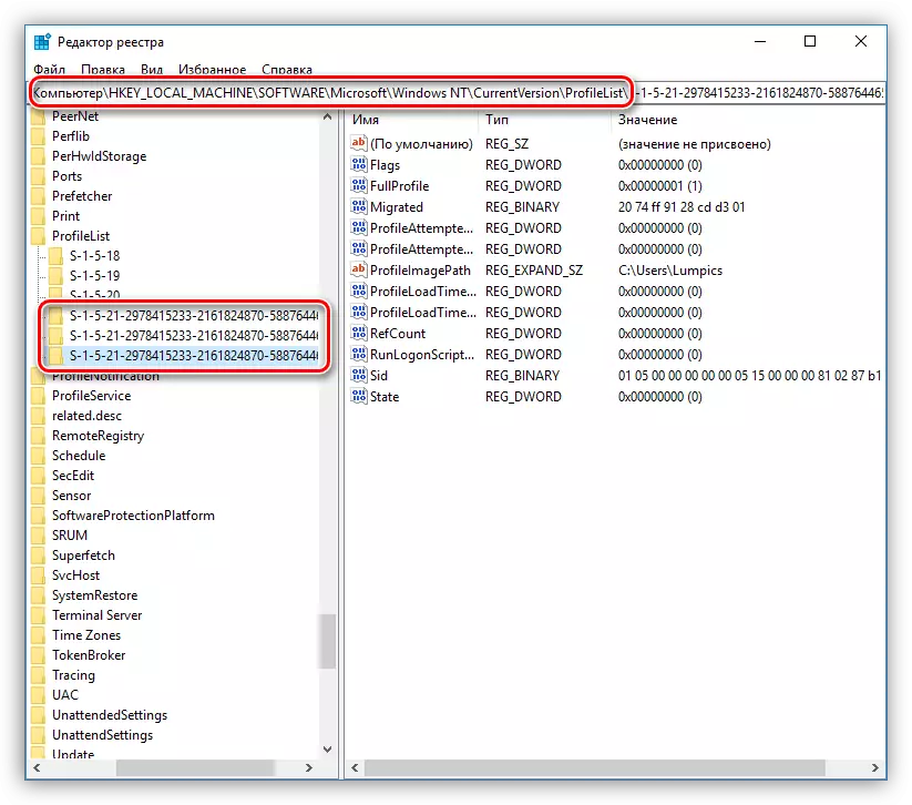 Overgang til et register gren med informasjon om brukerprofiler i Windows 10