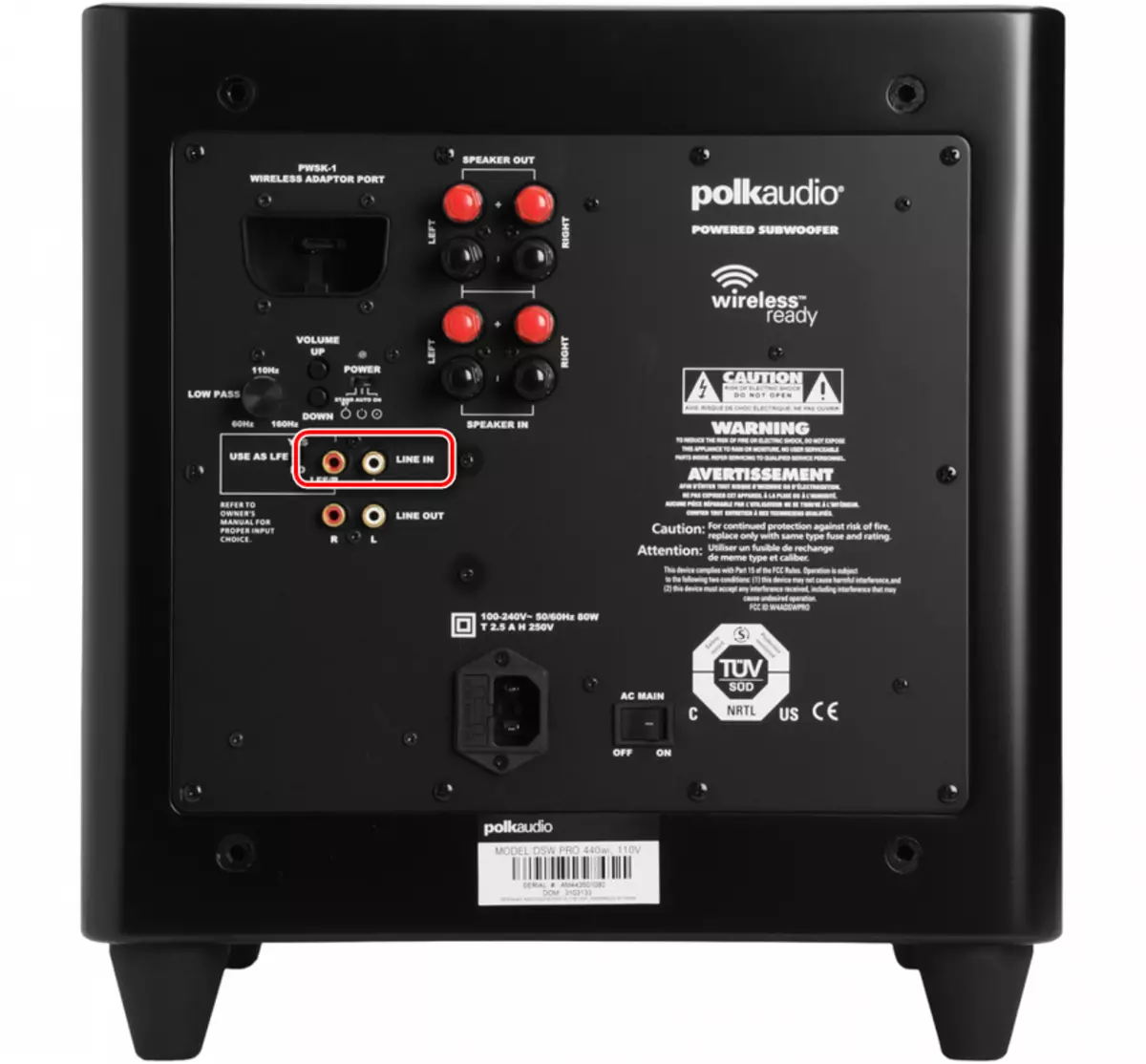 Input connectors on the subwoofer for connecting to a computer